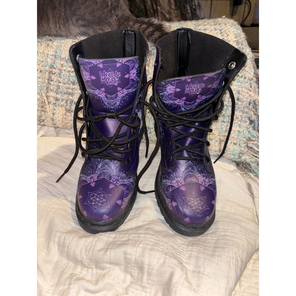 Yes We Vibe Purple Dragonfly Mandala Combat Boots Women 8.5W Vegan Leather Lug